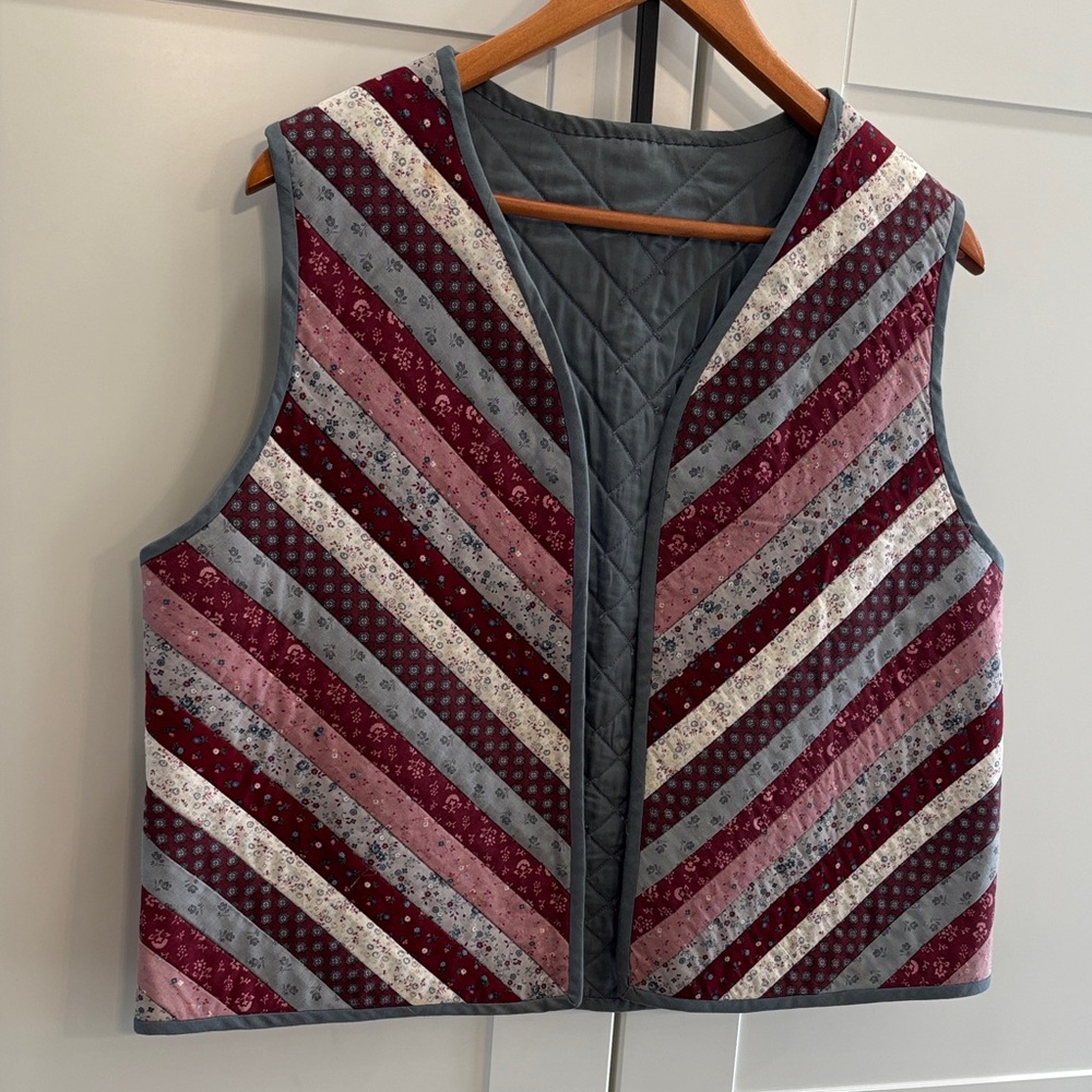Striped Quilted Vest in Burgundy, Pink, Gray